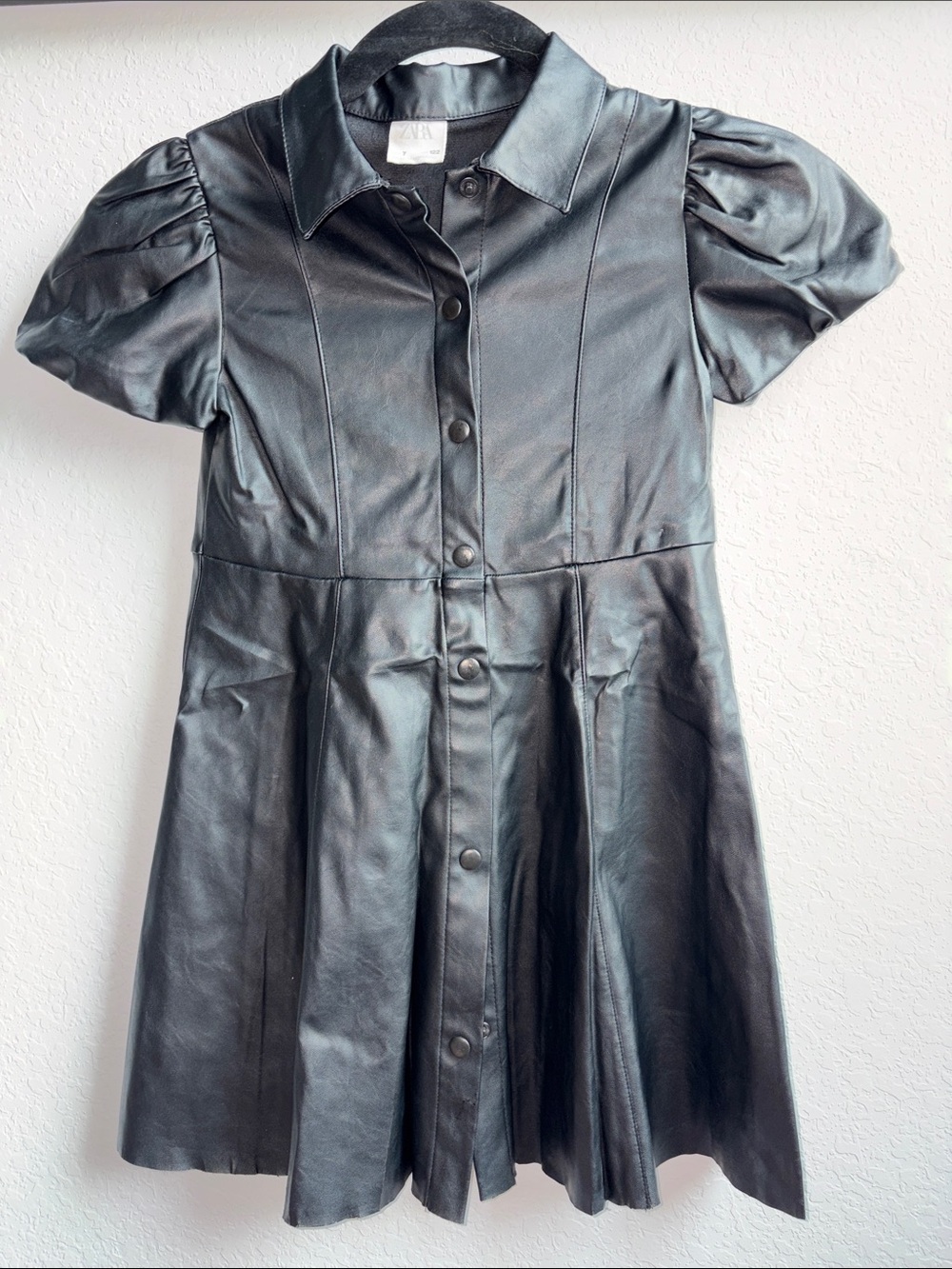 Zara Black Faux Leather Puff Sleeve Shirt Dress